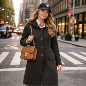 Cop Copine Womens Dark Brown Pure Wool Long Sleeve Pockets Hooded Coat Size 38